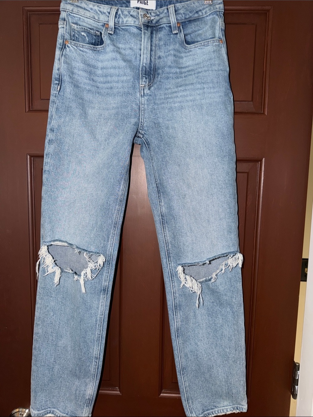 PAIGE Light Blue Distressed Knee Straight Jeans